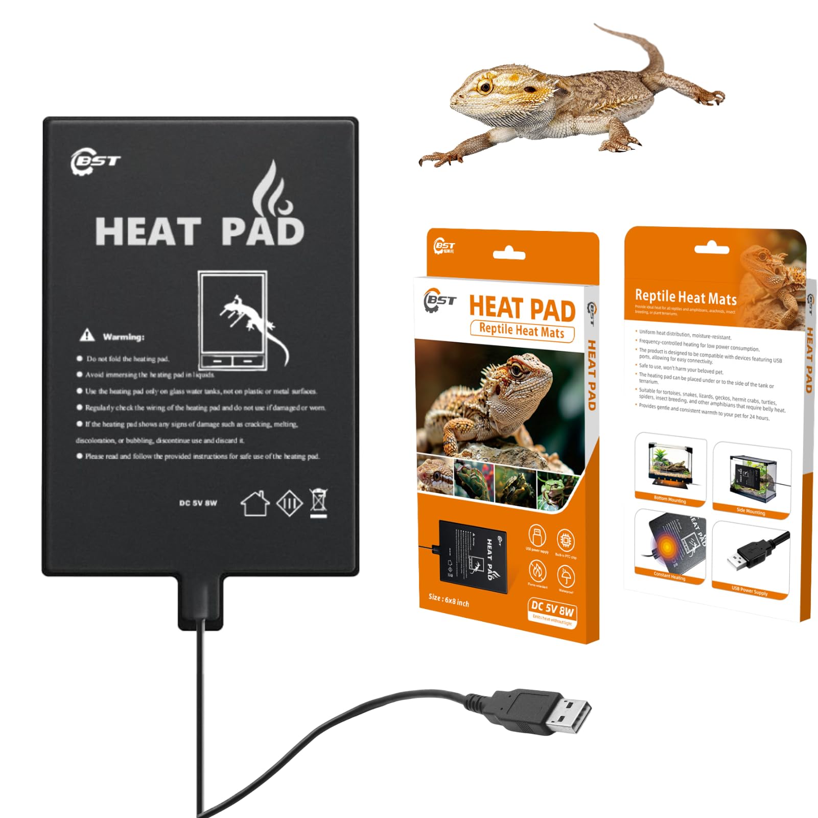 Generic Besto Reptile Heating Pad - USB-Powered Enhanced Safety - Overheat Protection - 6"" x 8"" Size - for Turtle Snake Lizard Frog Spider - Secure and Reliable Under Tank Heater black