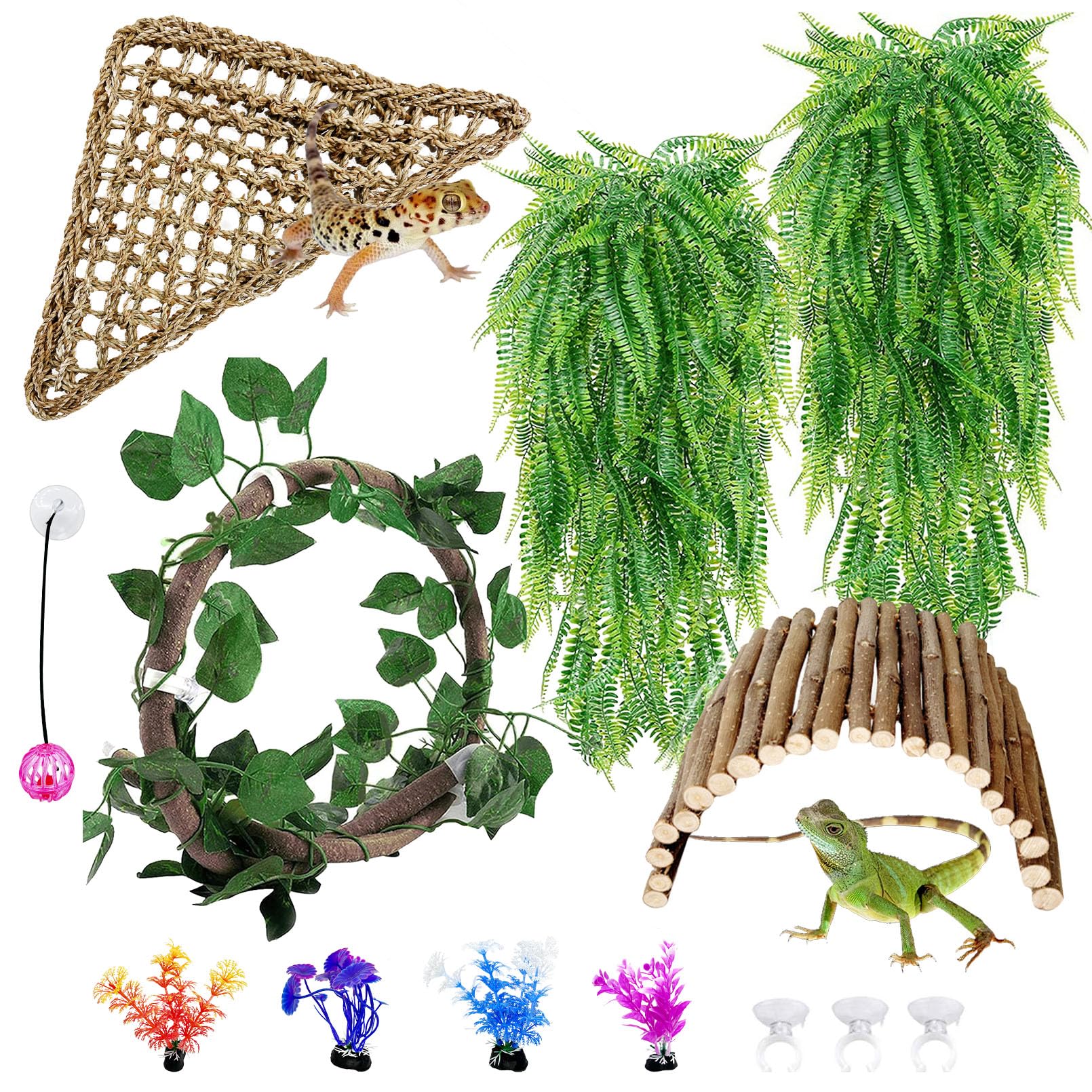 Hamiledyi Ladder and Hammock for Bearded Dragon Tank Accessories Active 11 PCS Reptile Hammock Bridge Flexible Jungle Climber Vines Leopard Gecko Tank Habitat Decor Terrarium Plants for Lizard Hiding