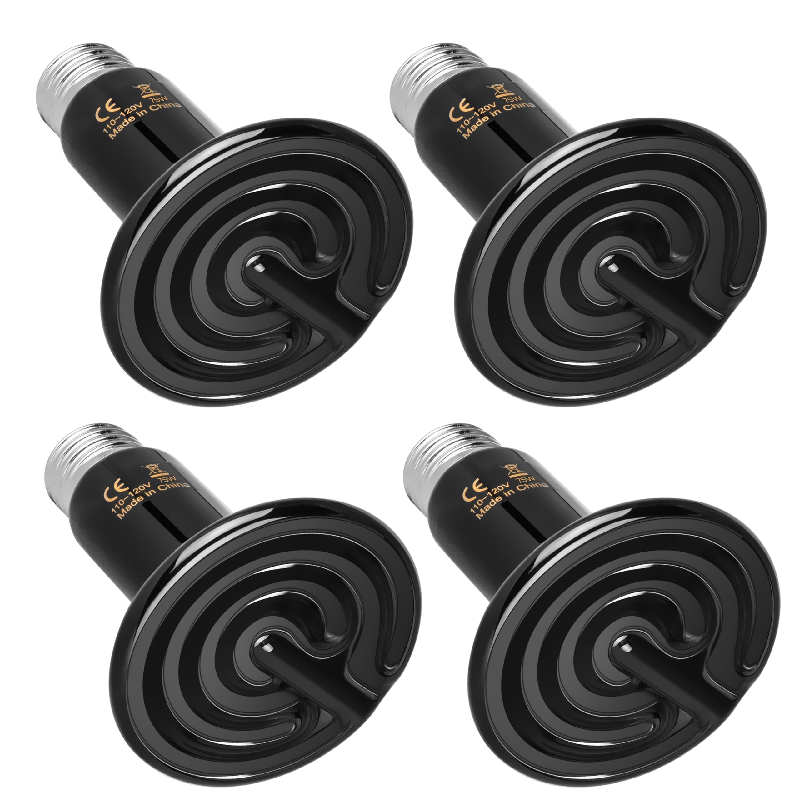 HealSmart 75W Reptile Heat Lamp Ceramic Heat Emitter No Light Emitting Heat Bulbs Suitable for Snake/Lizard/Spider Plant Growth and Incubating Chicken 4-Pack